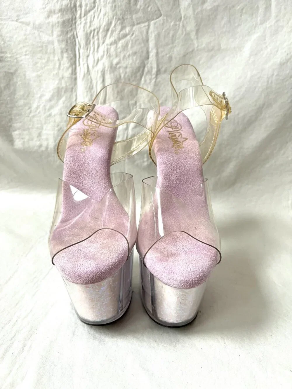 Pleaser platform high heels womens 8 clear plastic Adore-708UVG glitter UV glow